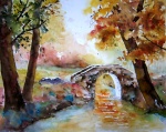 aqiarell, herbst, brücke, park, watercolor, autumn, fall, bridge