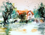 aquarell, haus, gebäude, see, brücke, watercolor, building, house, pond, bridge