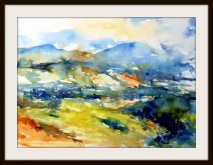 aquarell, watercolor, meran, südtirol, landschaft, landscape, hügel, hills
