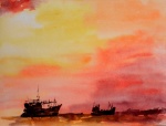 aquarell, watercolor, sonnenuntergang, dusk, sunset, dämmerung, meer, sea, boote, boats