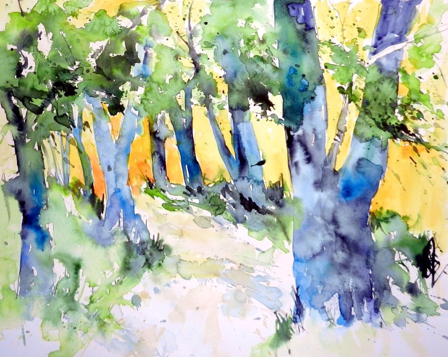 aquarell, watercolor, allee, bäume, trees, blau, blue, blaue bäume, blue trees