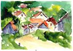 aquarell, watercolor, landschaft, landscape, häuser, houses, gebäude, buildings, scheunen, barns, weinviertel, waldviertel, heufurth