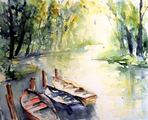aquarell, watercolor, boote, fluss, river, thaya, hardegg, wald, forest