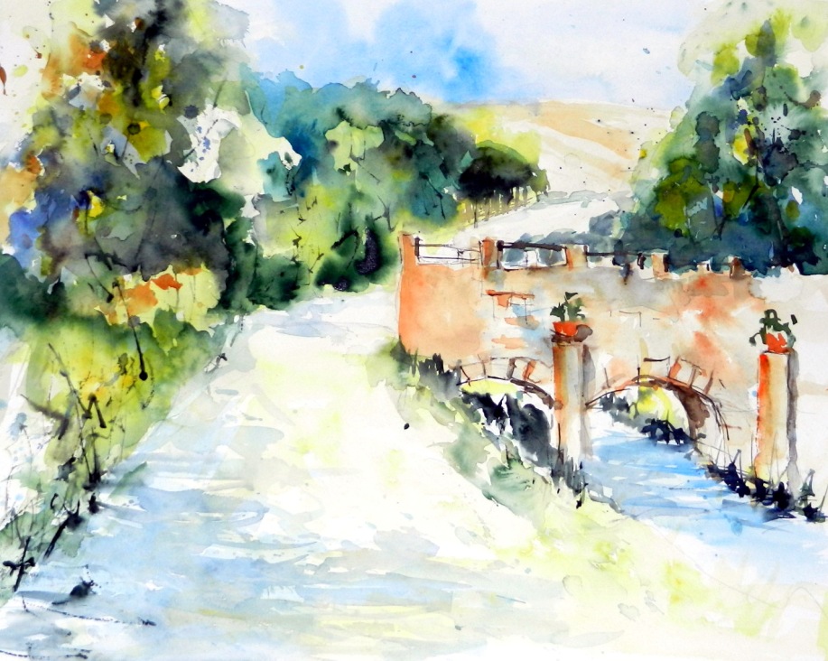 aquarell, watercolor, waldviertel, fronsburg, brücke, bridge, steinbrücke, stonebridge