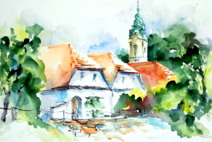 aquarell, watercolor, aquarelle, weinviertel, unterretzbach, retzbach, kirche, church, église, Kirchturm, spire, clocher